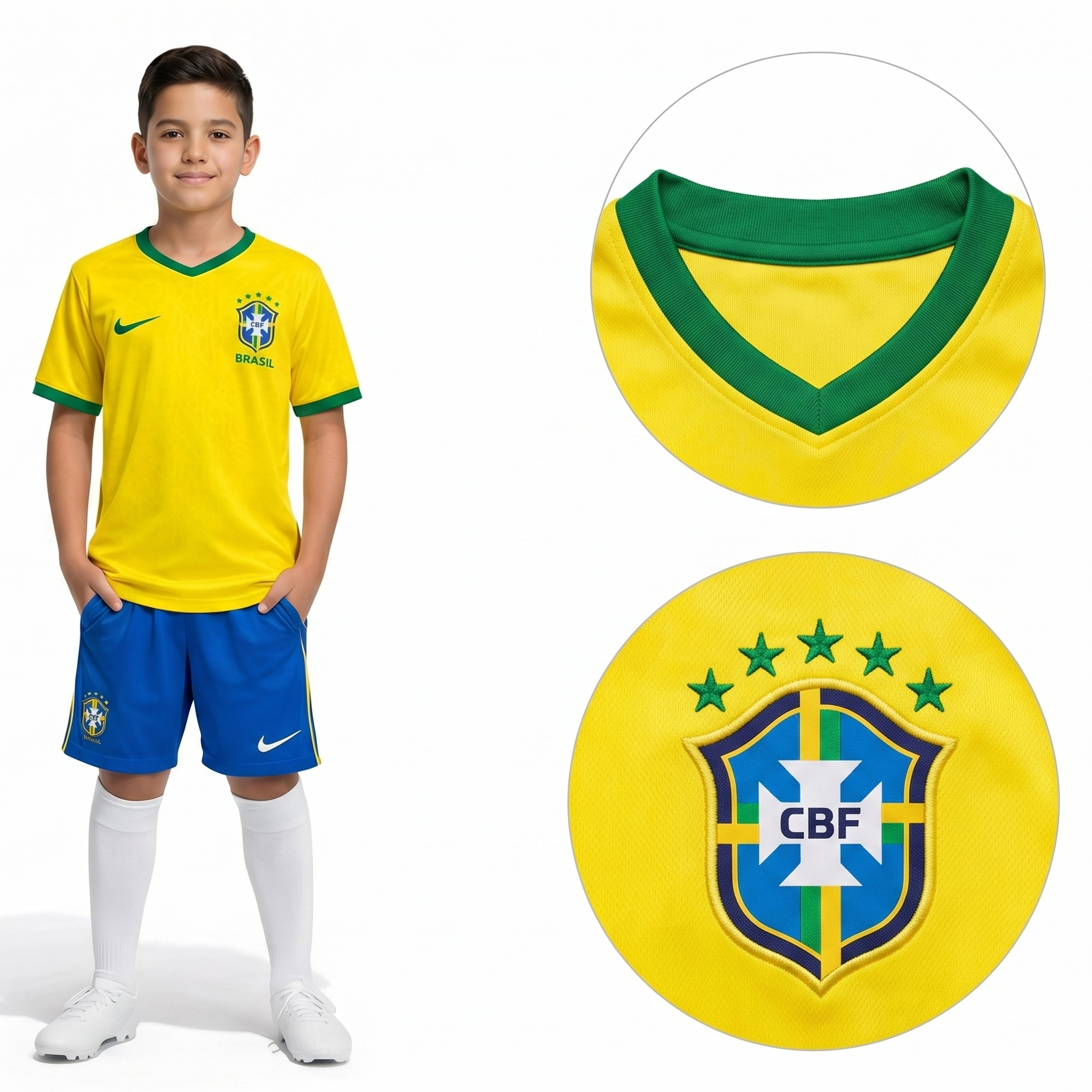 Child wearing a Brazil football jersey with CBF logo, surrounded by jersey details on a white background.