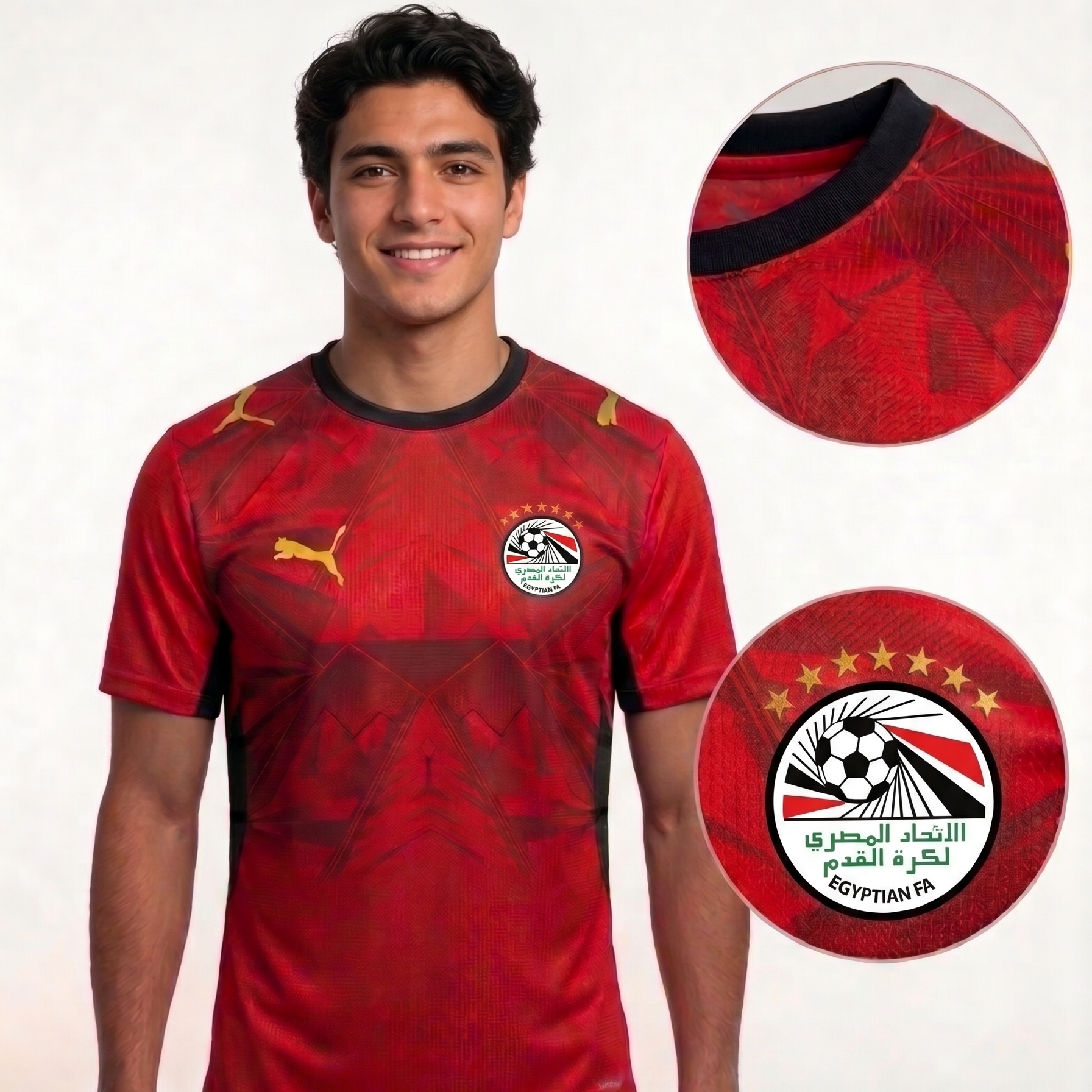 Red football jersey with branding and logos on a white background