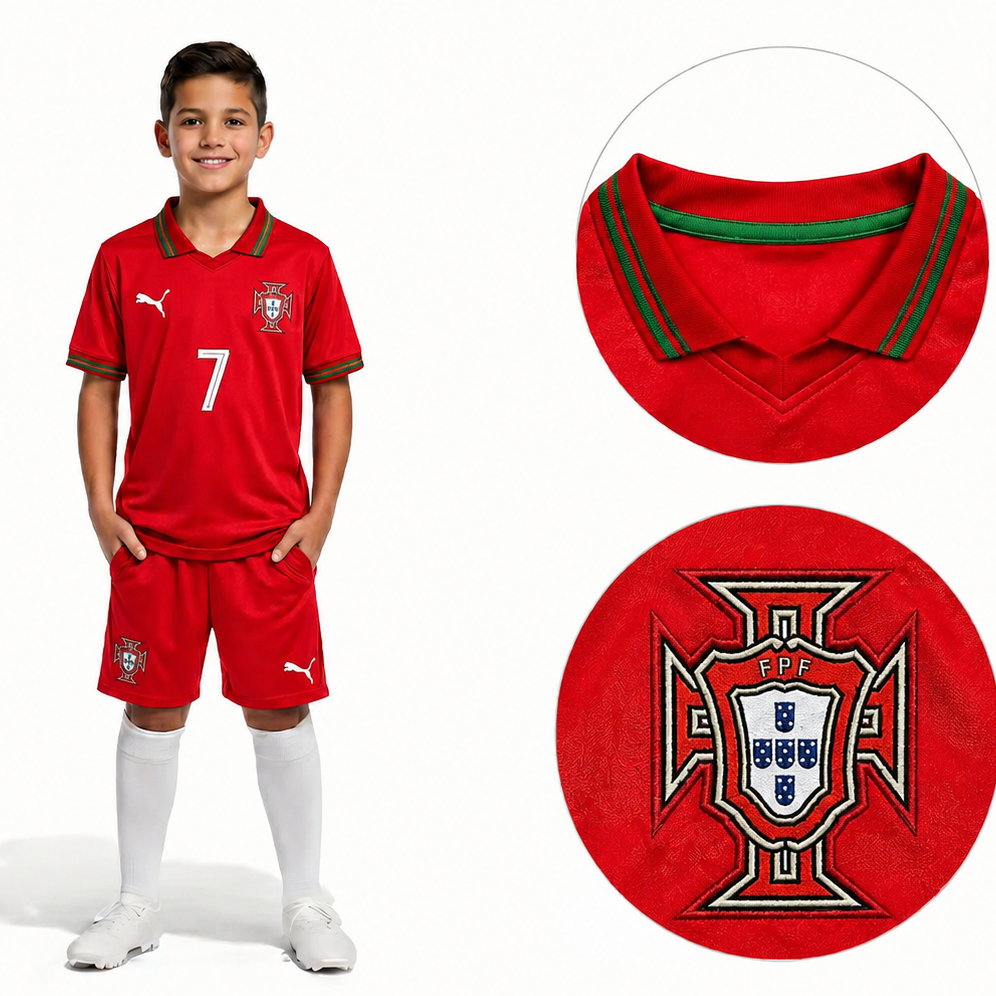 Red football jersey with white shorts worn by a child, featuring Puma logo, Portugal national team emblem, and BYOU branding.