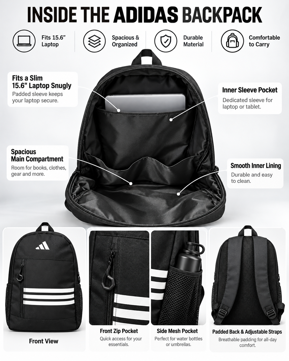 Adidas Everyday Sports Backpack – Black | School, Gym & Laptop