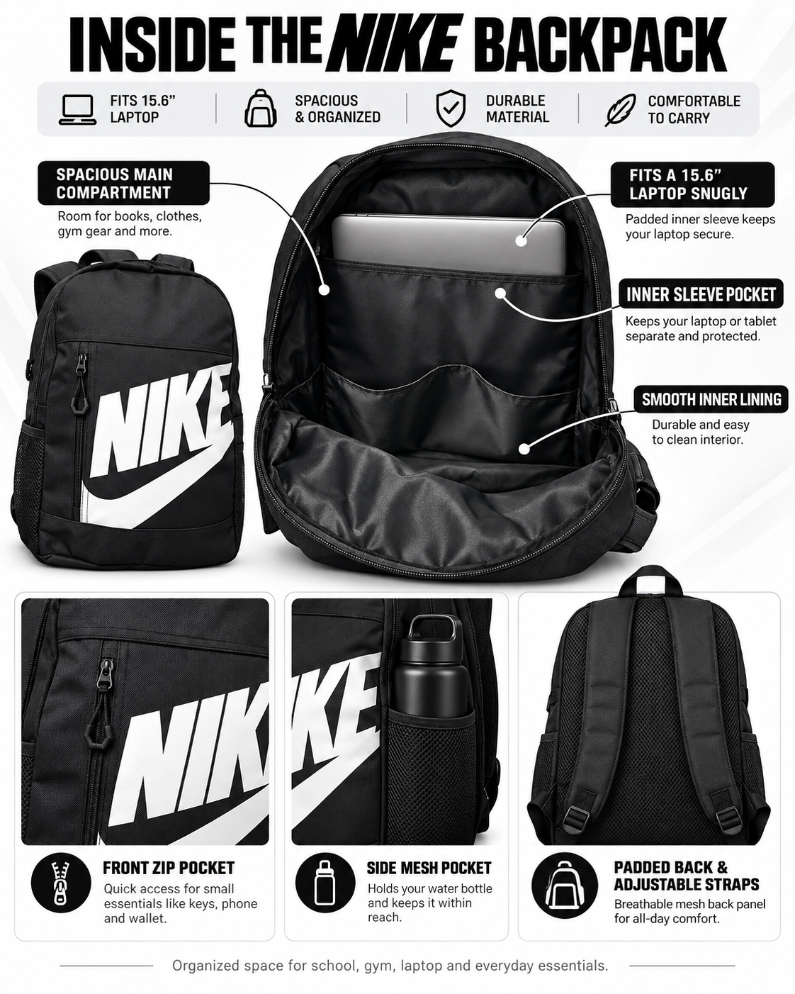 Everyday Sports Backpack – Black | School, Gym & Laptop