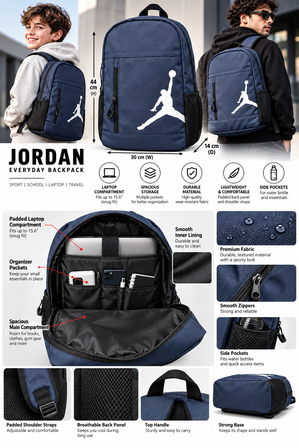 JORDAN Everyday Sports Backpack – Black | School, Gym & Laptop