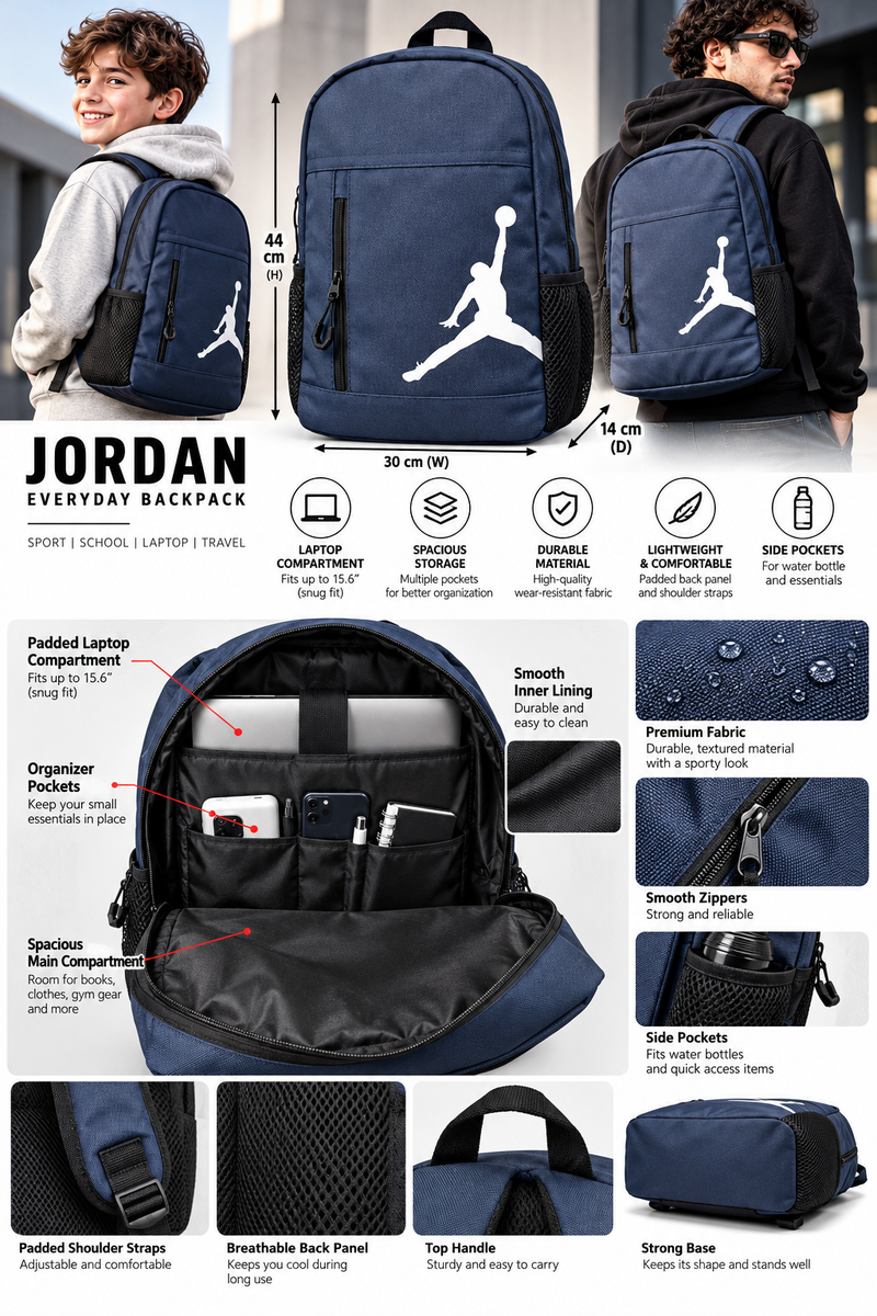 JORDAN Everyday Sports Backpack – Black | School, Gym & Laptop