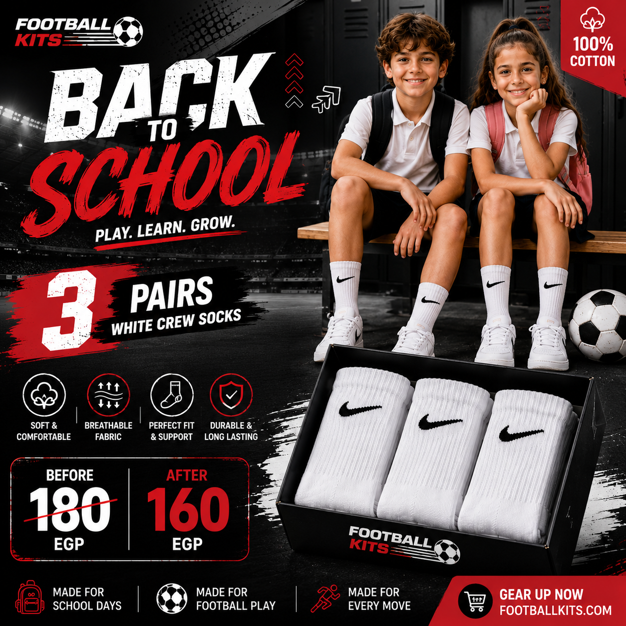 100% Cotton White Socks – 3 Pairs