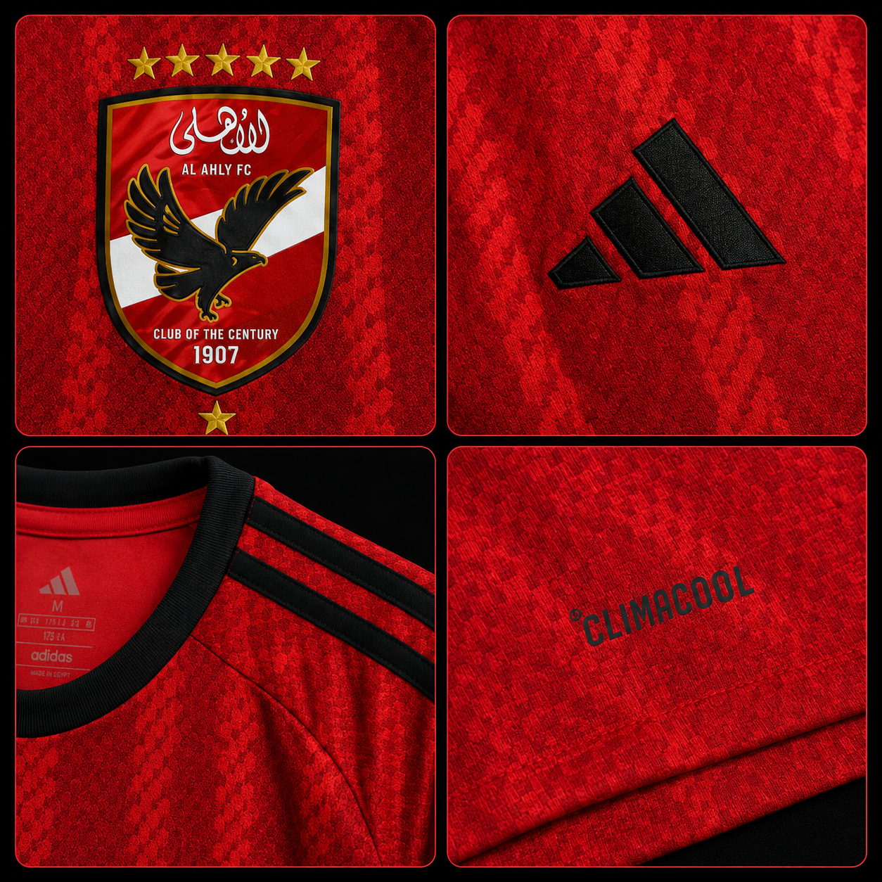 Al Ahly 2028 Home Jersey crest logo collar shoulder stripes and fabric close-ups