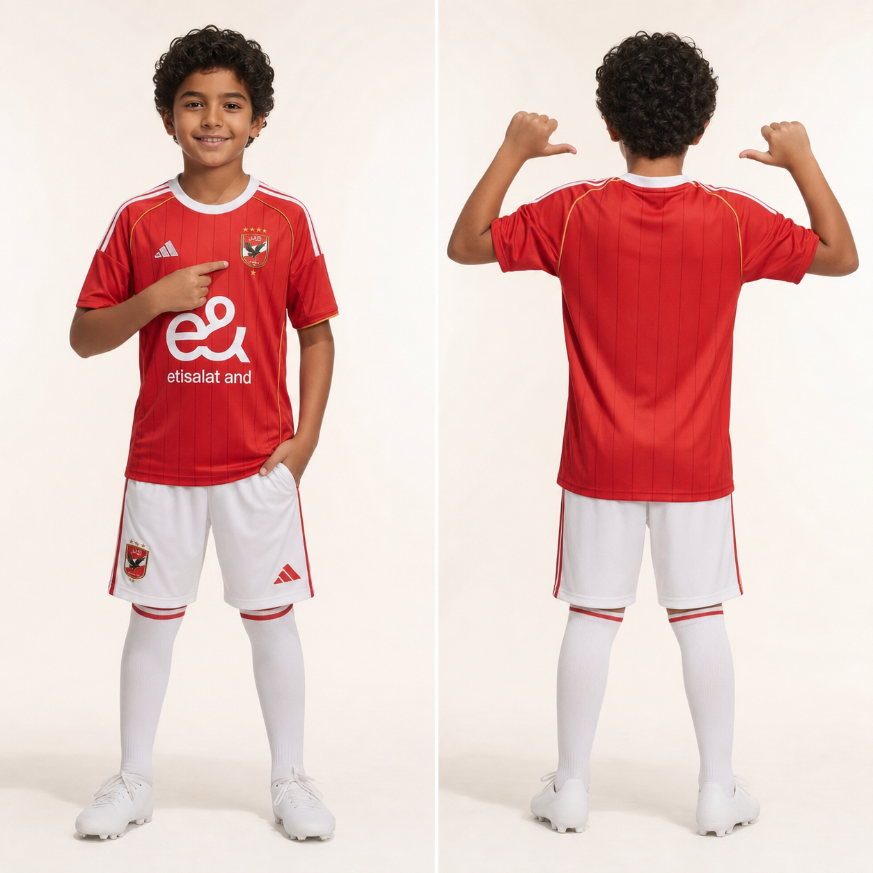 Child model wearing Al Ahly football kit front and back
