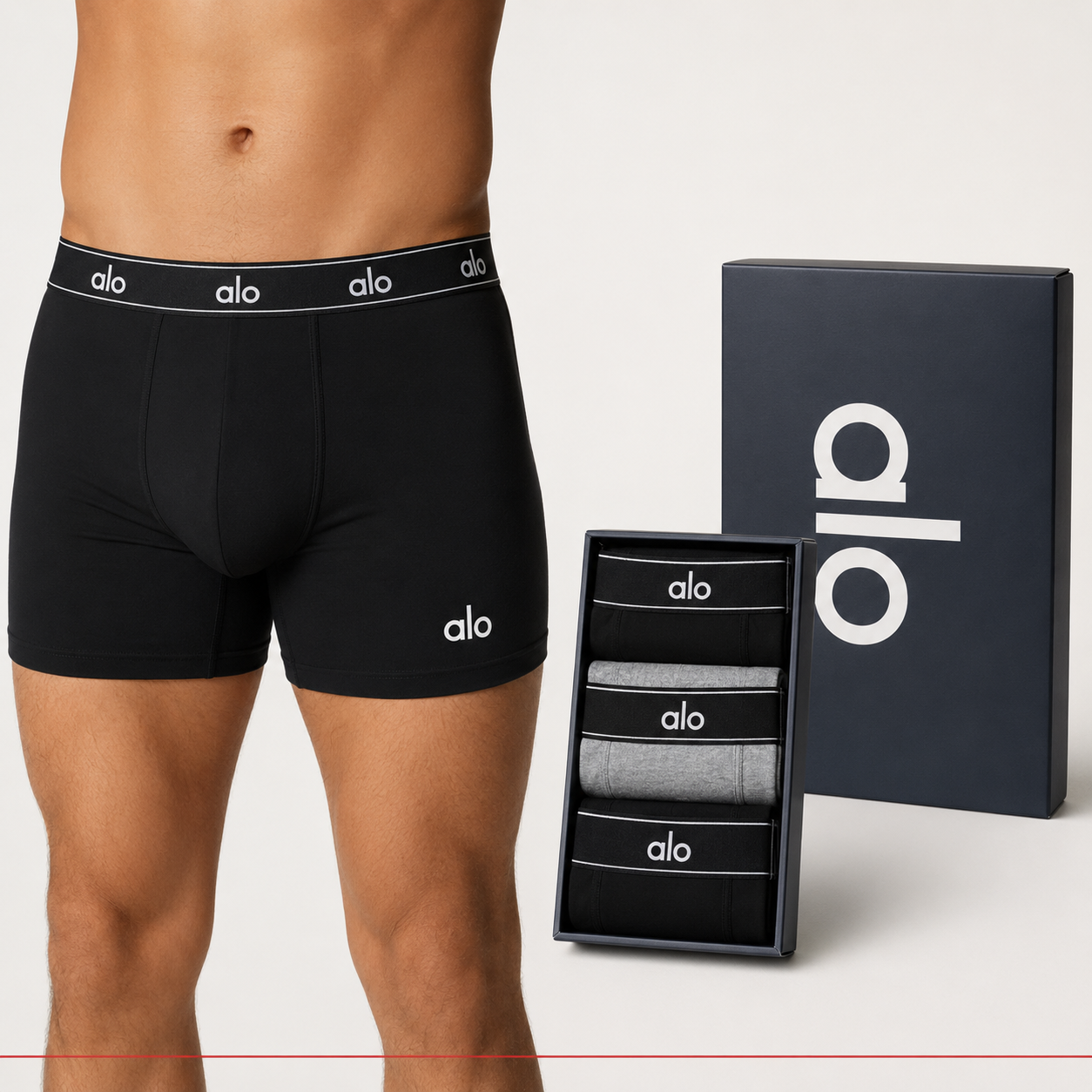 Adult model wearing Alo men's boxer briefs