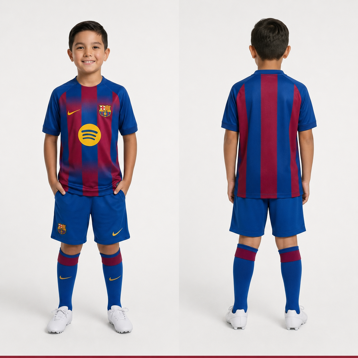 Barcelona 2026 kids football kit front and back views
