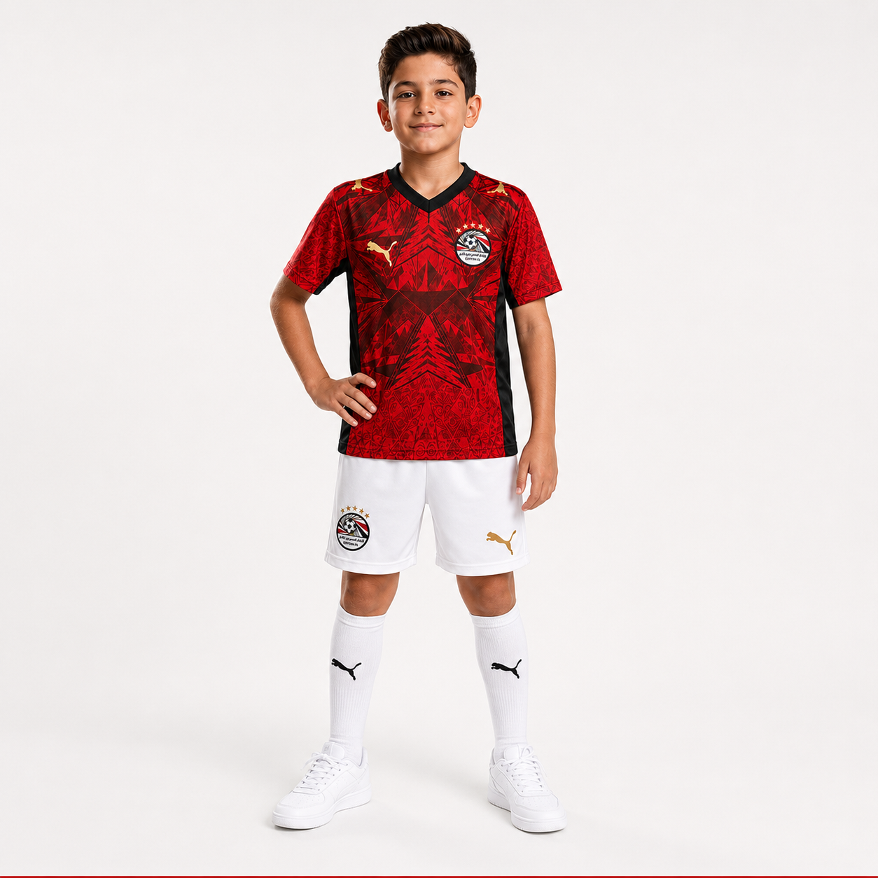 Boy wearing Egypt 2026 kids football kit