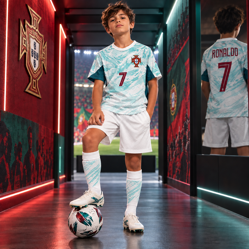 Portugal Ronaldo #7 Kids Football Kit – Mint & White
