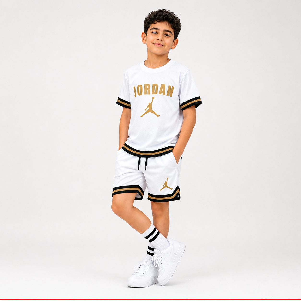 Boy wearing Jordan kids white sports set