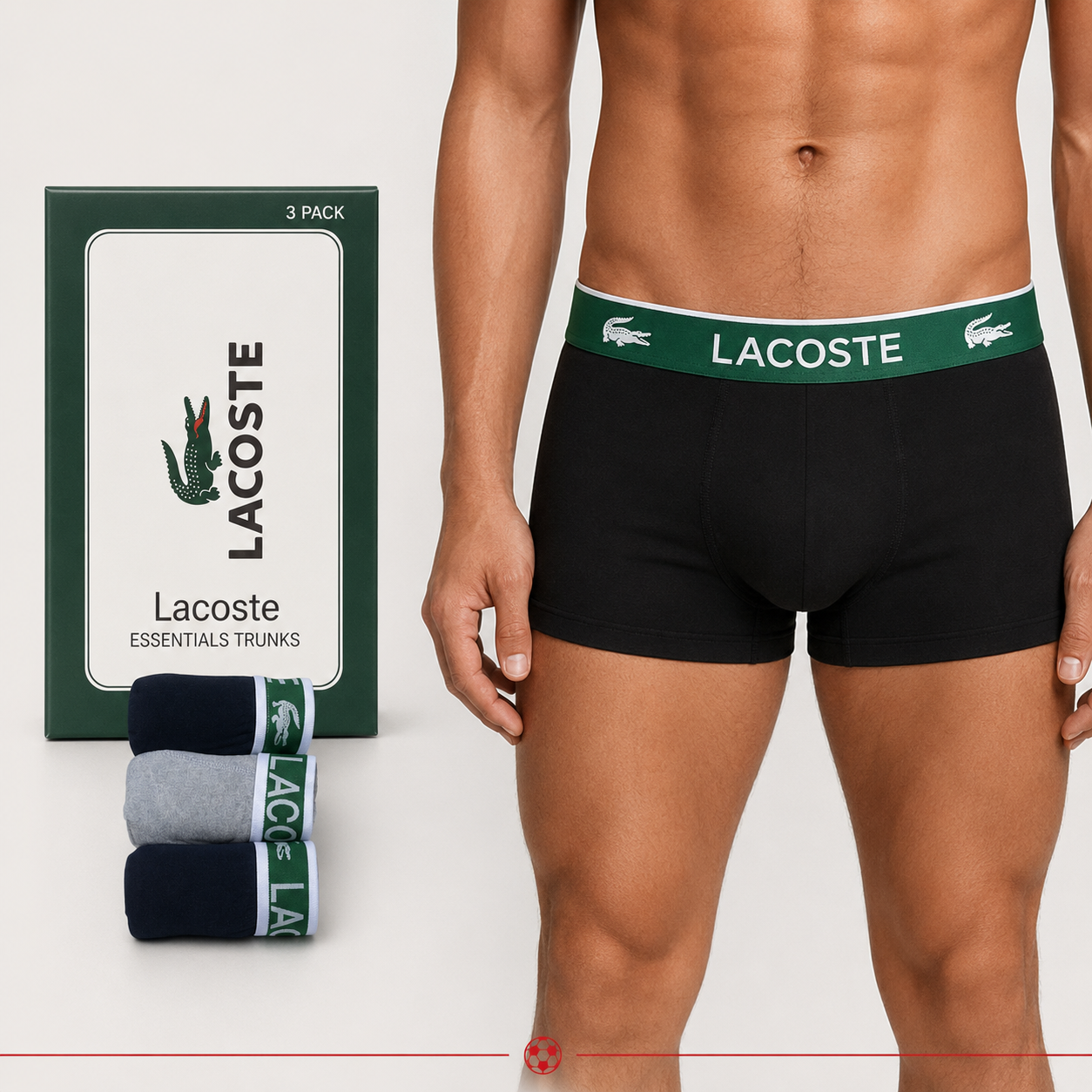 Adult model wearing Lacoste men's boxer trunks