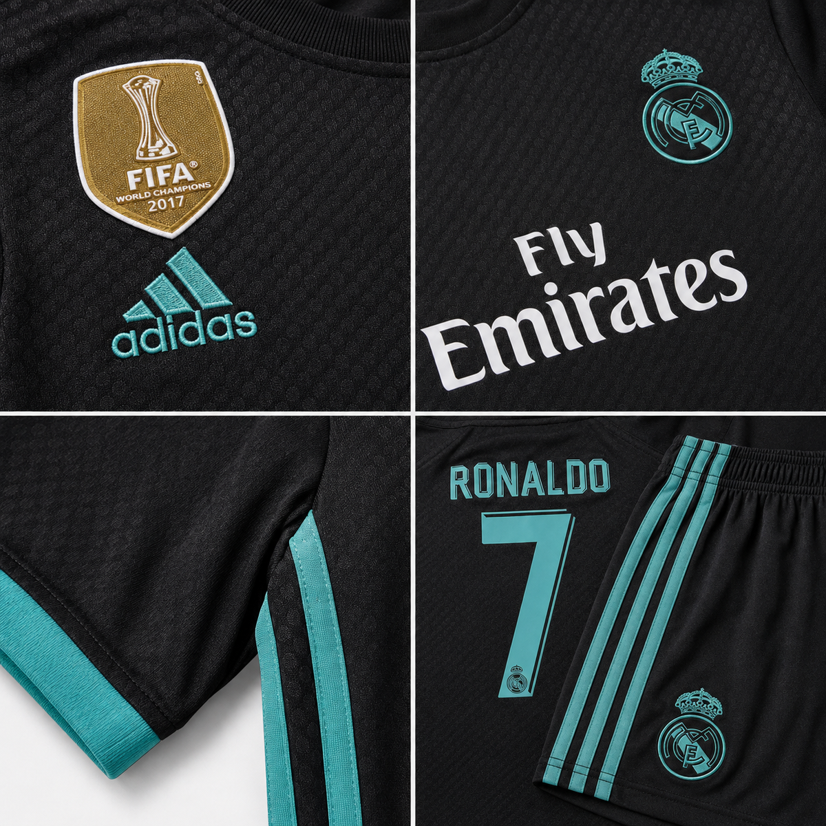 Real Madrid 2017 black kids football kit detail views