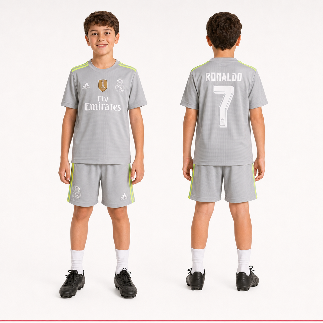 Child model wearing Real Madrid 2018 kids football kit front and back Ronaldo 7