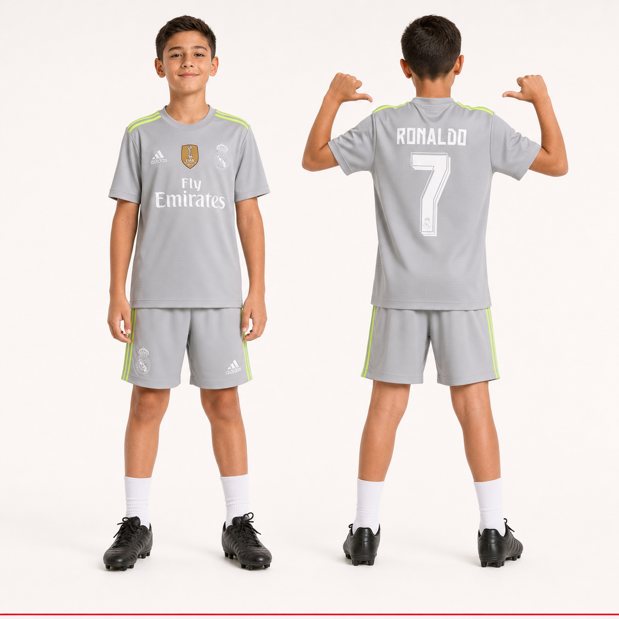 Sporty child model wearing Real Madrid 2018 kit front and back pointing to Ronaldo 7