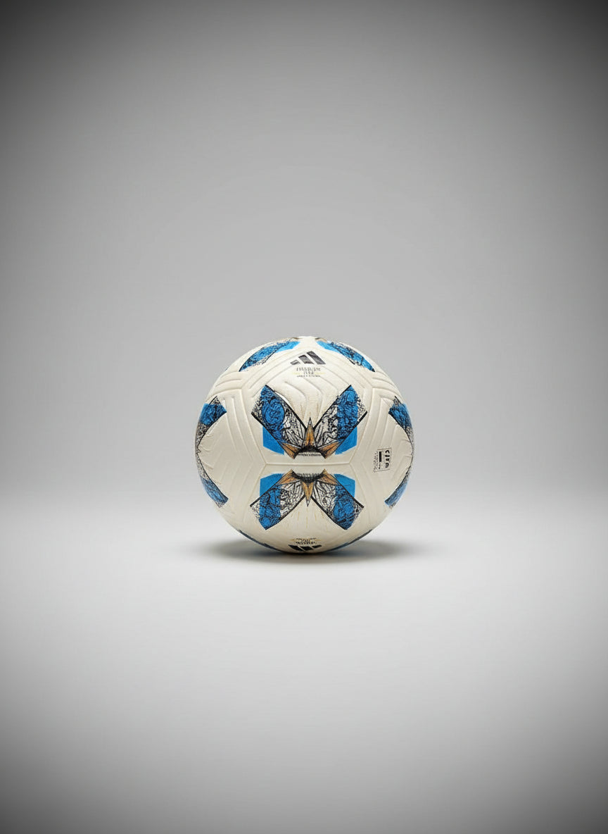 White soccer ball with blue and black patterns on a black pegboard background
