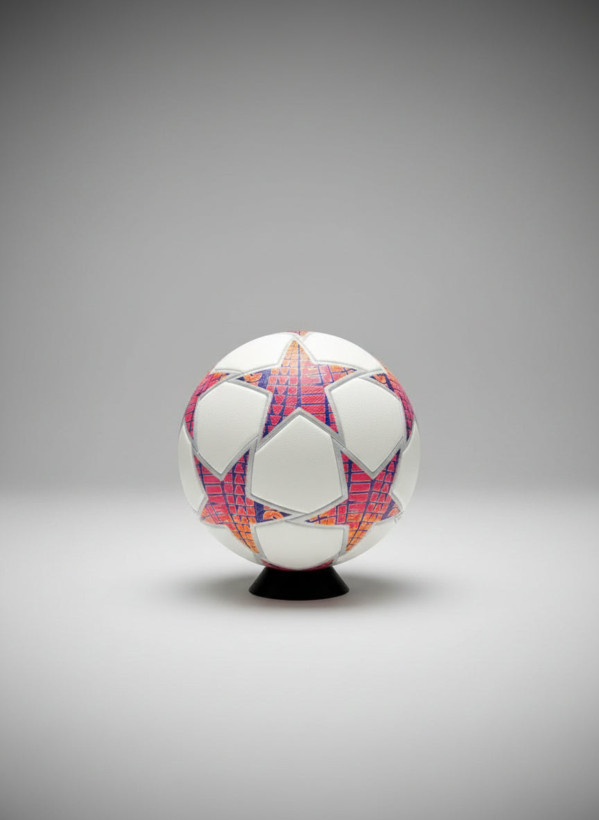 White soccer ball with colorful star pattern on a black pegboard background