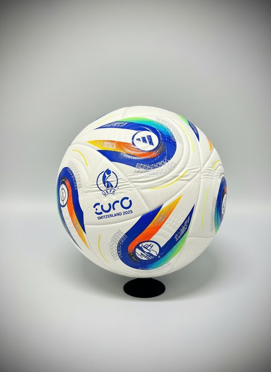 Colorful soccer ball with 'EURO' branding on a black pegboard background